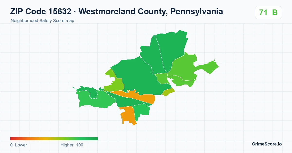 ZIP Code 15632 in Westmoreland County, Pennsylvania neighborhood Safety Score map