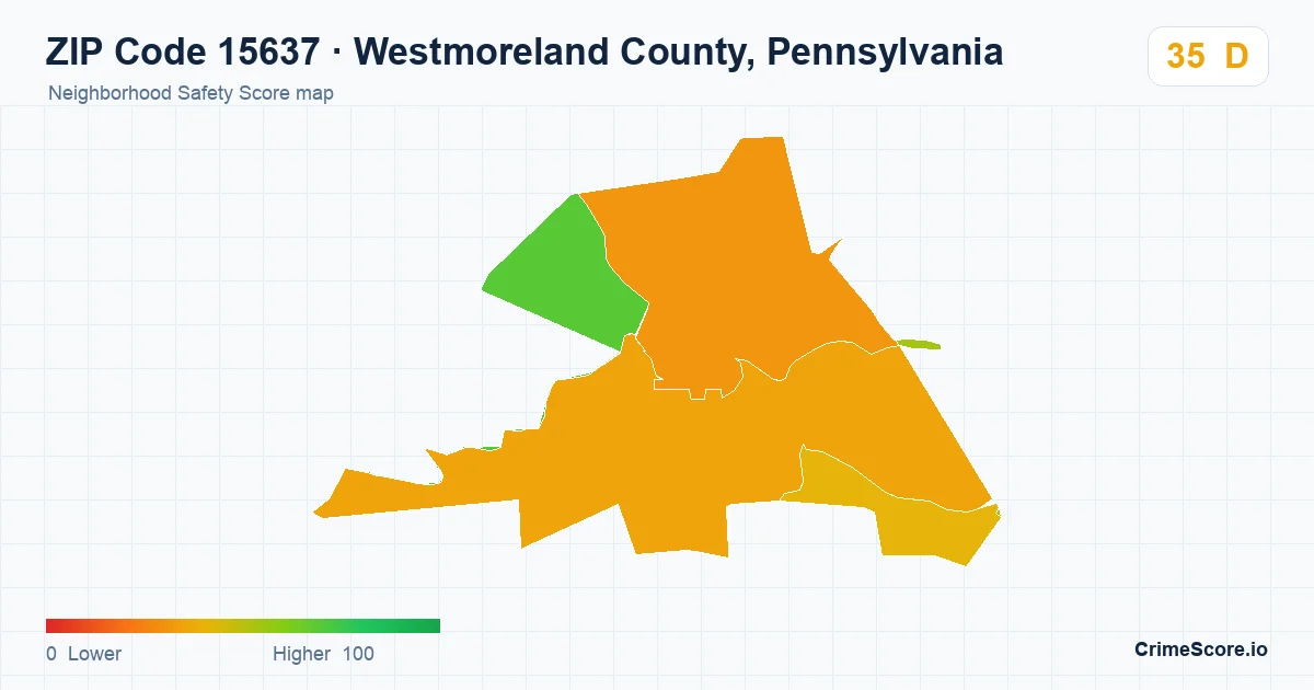 ZIP Code 15637 in Westmoreland County, Pennsylvania neighborhood Safety Score map