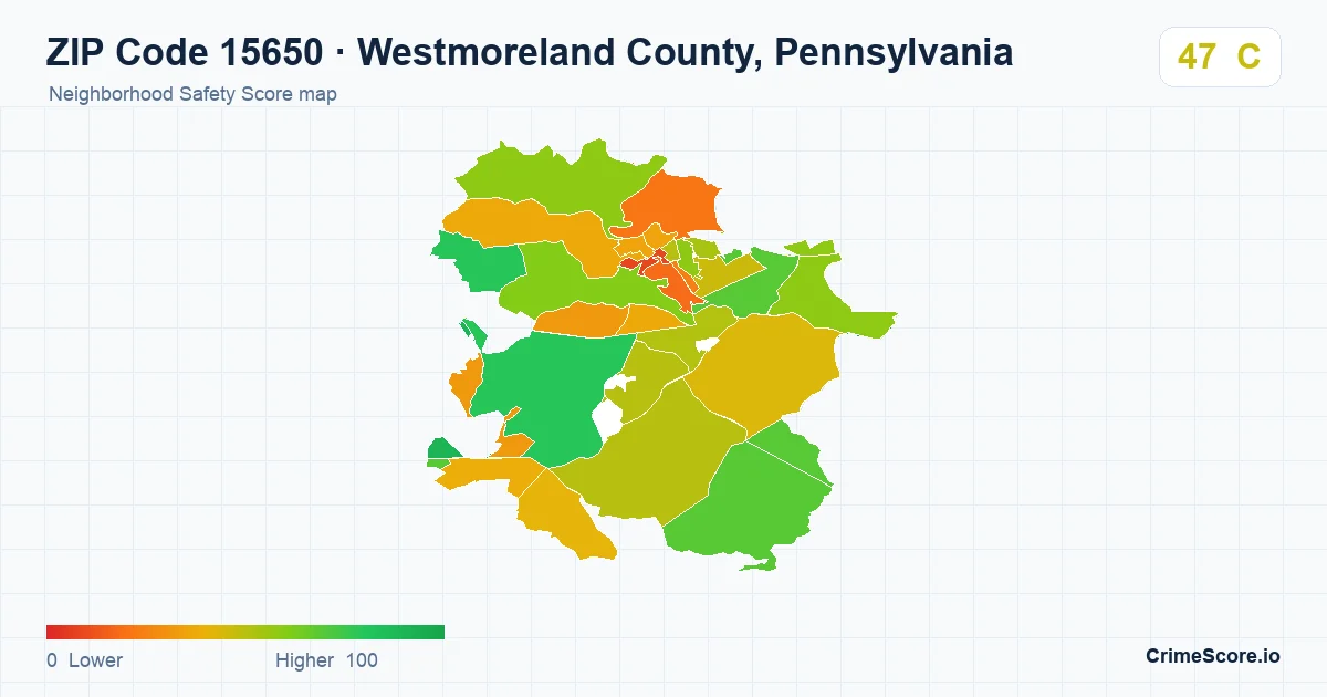 ZIP Code 15650 in Westmoreland County, Pennsylvania neighborhood Safety Score map
