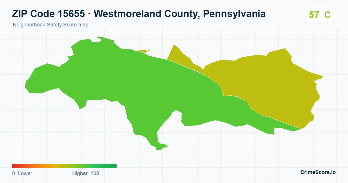 ZIP Code 15655 in Westmoreland County, Pennsylvania neighborhood Safety Score map