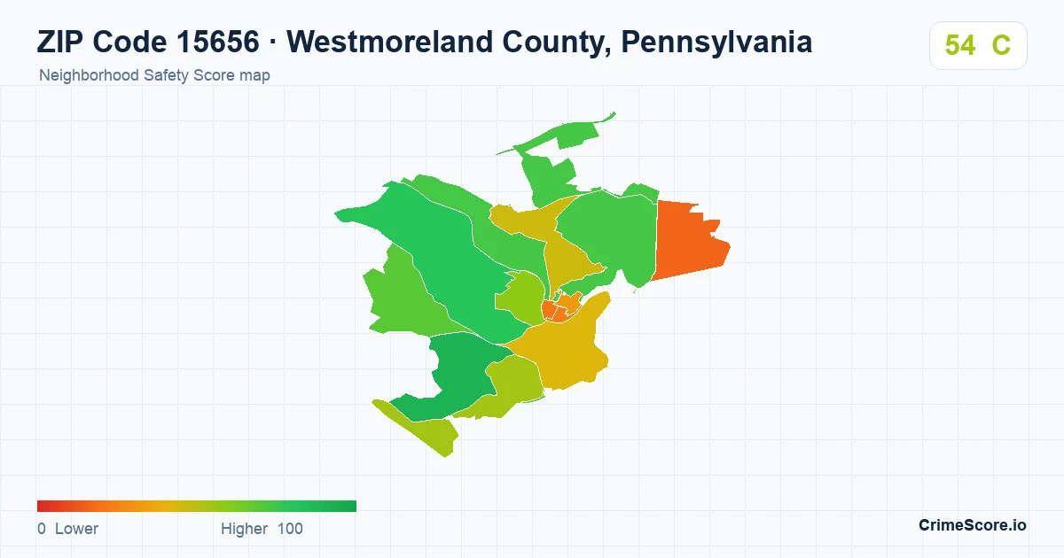 ZIP Code 15656 in Westmoreland County, Pennsylvania neighborhood Safety Score map