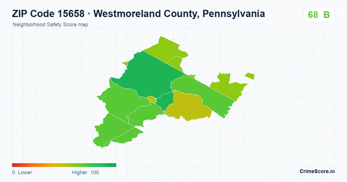 ZIP Code 15658 in Westmoreland County, Pennsylvania neighborhood Safety Score map