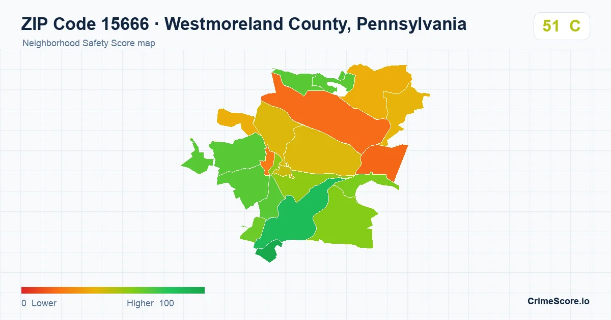 ZIP Code 15666 in Westmoreland County, Pennsylvania neighborhood Safety Score map