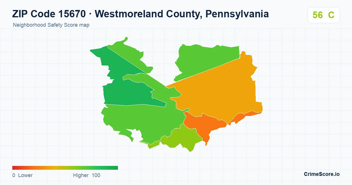 ZIP Code 15670 in Westmoreland County, Pennsylvania neighborhood Safety Score map