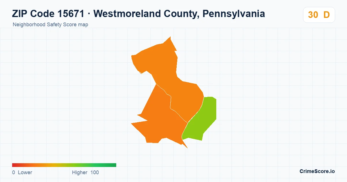 ZIP Code 15671 in Westmoreland County, Pennsylvania neighborhood Safety Score map