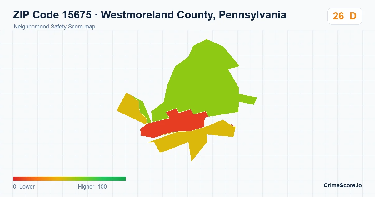 ZIP Code 15675 in Westmoreland County, Pennsylvania neighborhood Safety Score map