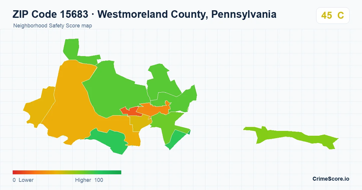 ZIP Code 15683 in Westmoreland County, Pennsylvania neighborhood Safety Score map