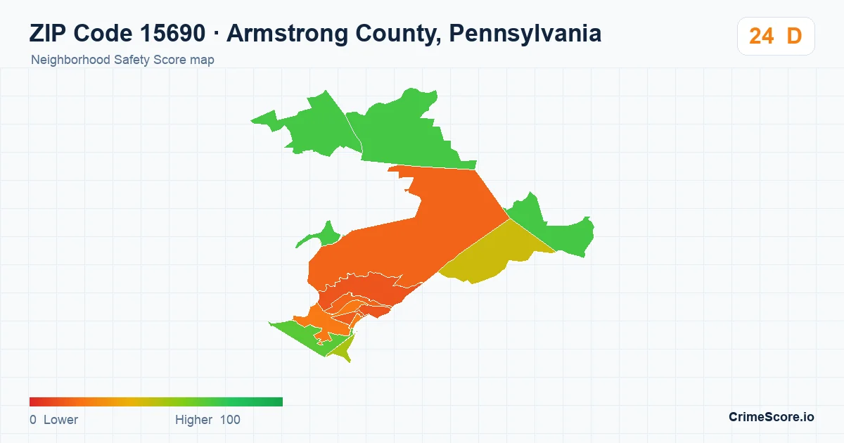 ZIP Code 15690 in Armstrong County, Pennsylvania neighborhood Safety Score map
