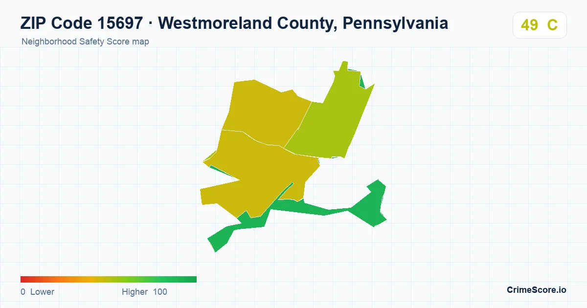 ZIP Code 15697 in Westmoreland County, Pennsylvania neighborhood Safety Score map