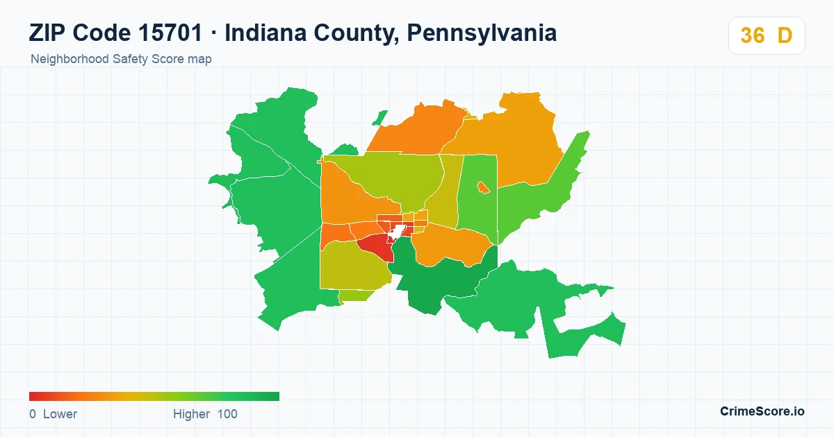 ZIP Code 15701 in Indiana County, Pennsylvania neighborhood Safety Score map