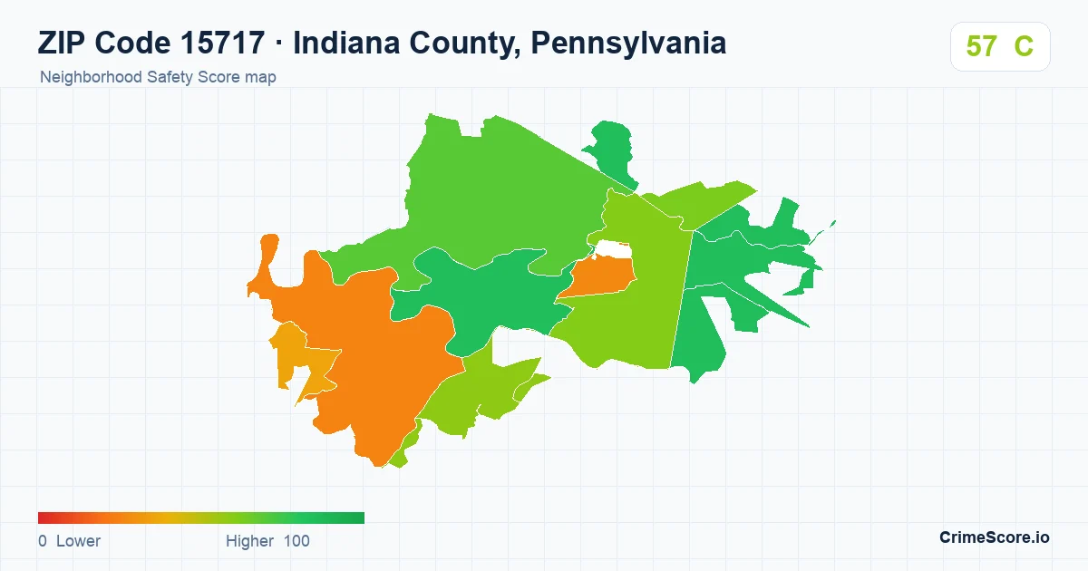 ZIP Code 15717 in Indiana County, Pennsylvania neighborhood Safety Score map
