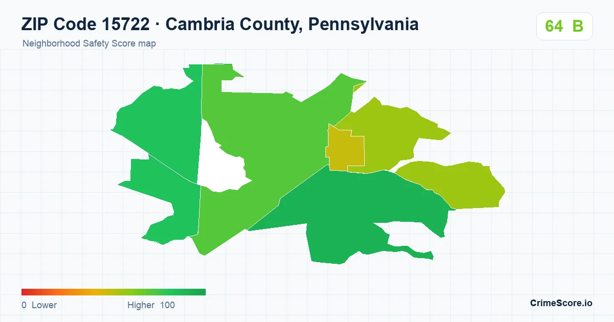 ZIP Code 15722 in Cambria County, Pennsylvania neighborhood Safety Score map