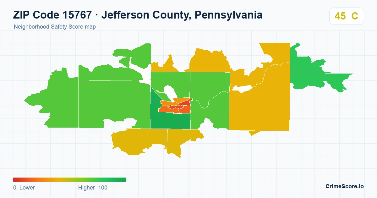 ZIP Code 15767 in Jefferson County, Pennsylvania neighborhood Safety Score map