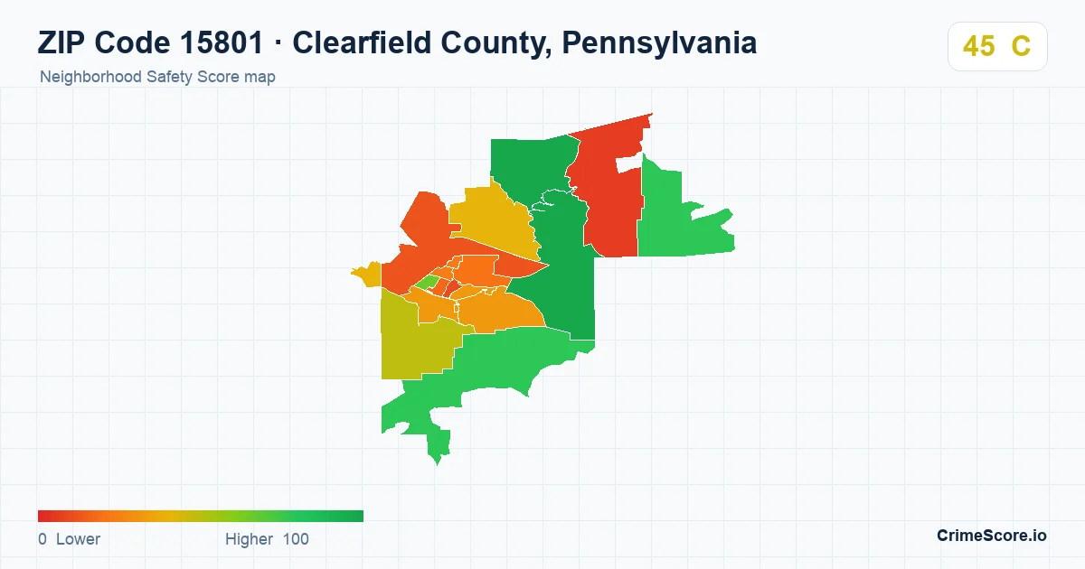 ZIP Code 15801 in Clearfield County, Pennsylvania neighborhood Safety Score map