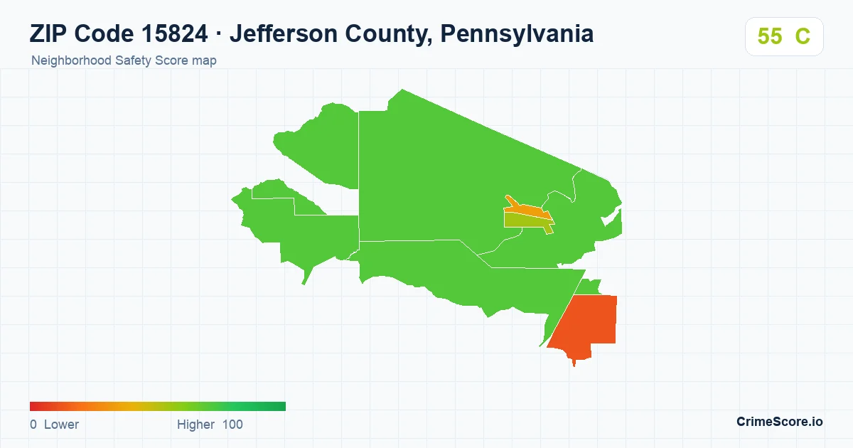 ZIP Code 15824 in Jefferson County, Pennsylvania neighborhood Safety Score map