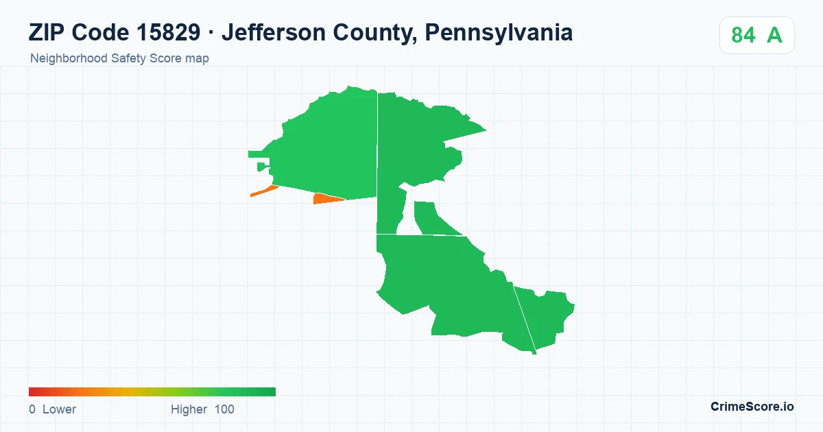 ZIP Code 15829 in Jefferson County, Pennsylvania neighborhood Safety Score map