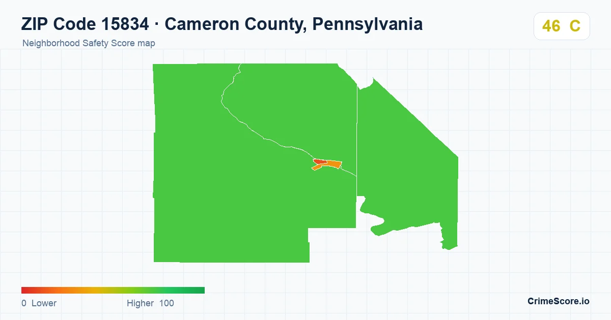 ZIP Code 15834 in Cameron County, Pennsylvania neighborhood Safety Score map