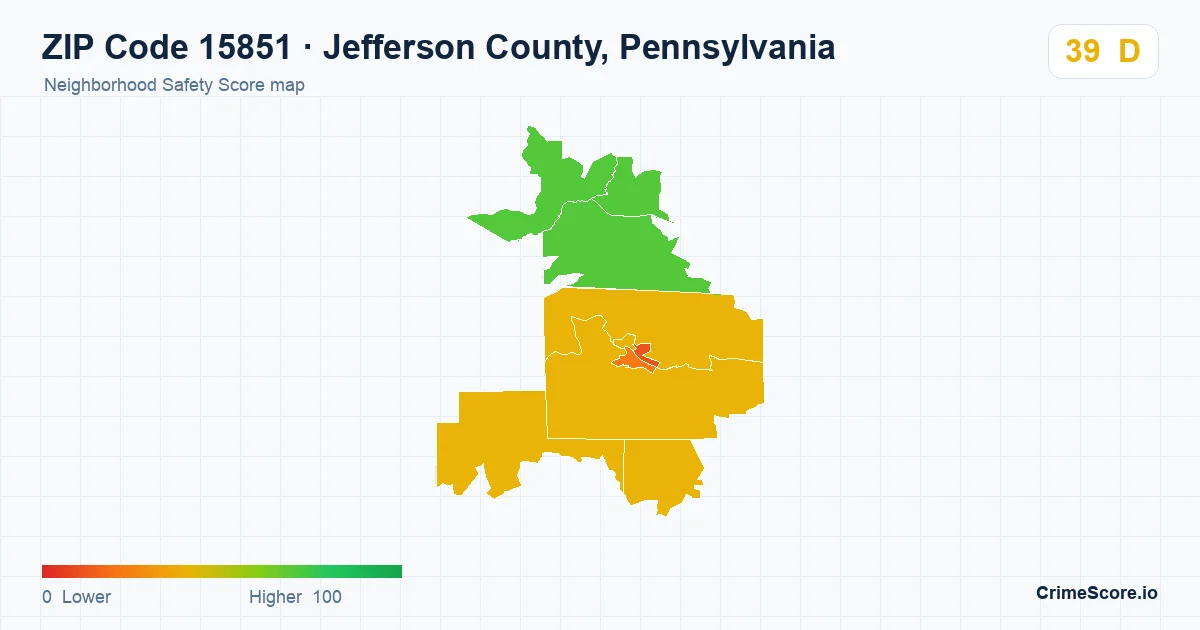 ZIP Code 15851 in Jefferson County, Pennsylvania neighborhood Safety Score map