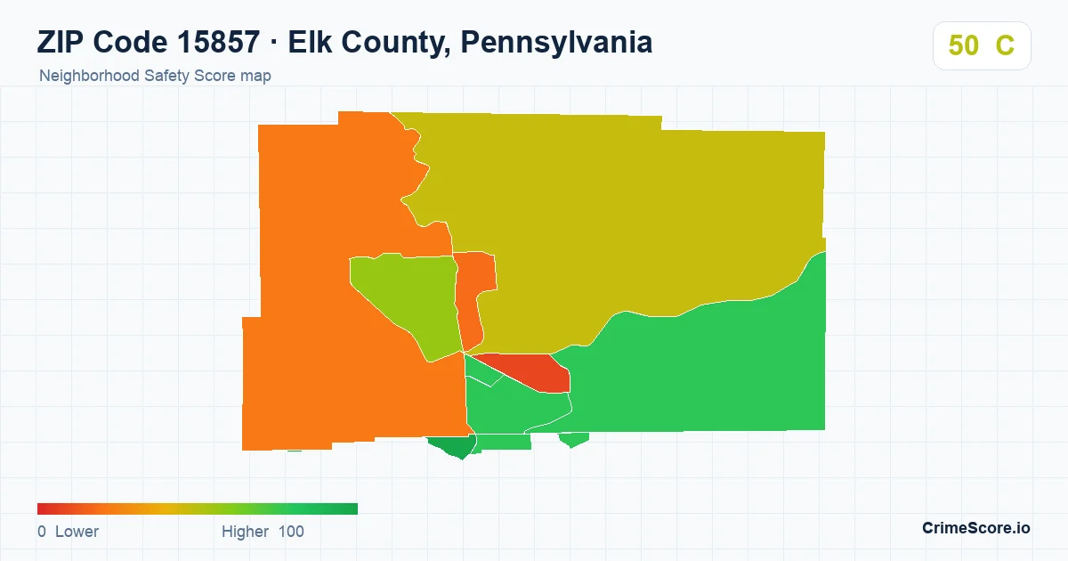 ZIP Code 15857 in Elk County, Pennsylvania neighborhood Safety Score map
