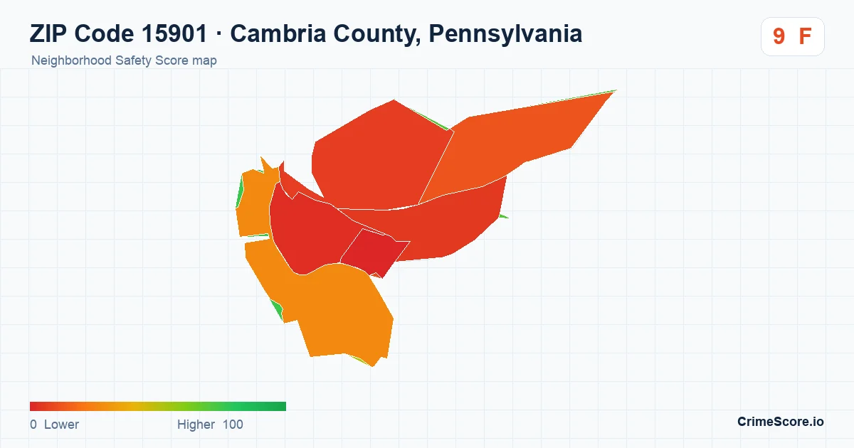 ZIP Code 15901 in Cambria County, Pennsylvania neighborhood Safety Score map