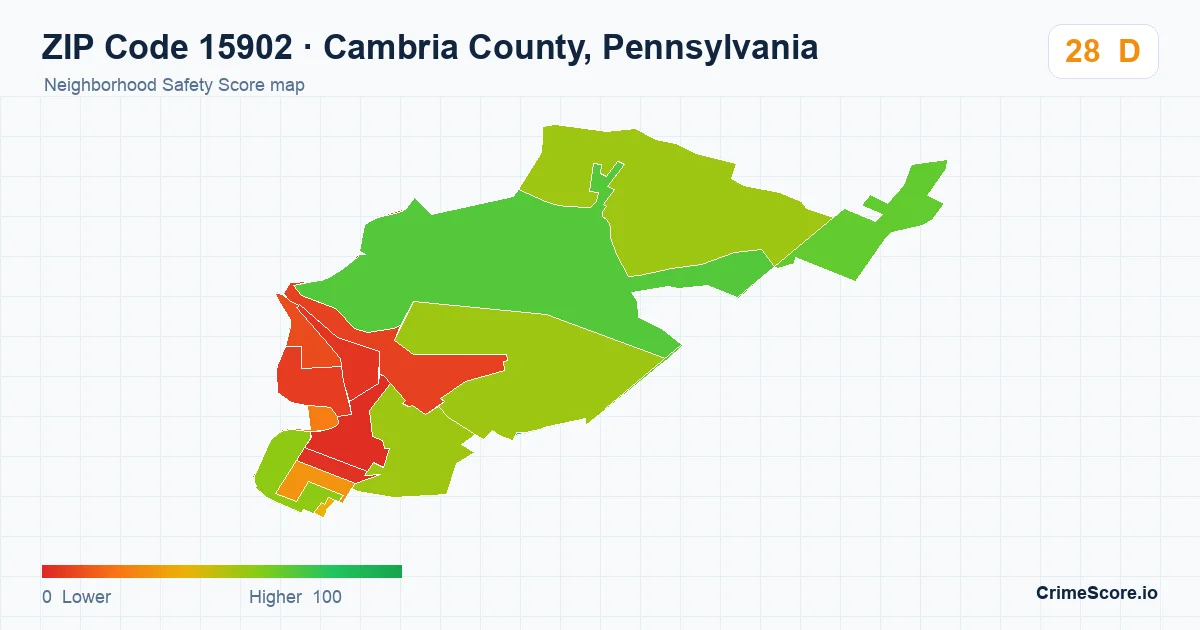 ZIP Code 15902 in Cambria County, Pennsylvania neighborhood Safety Score map