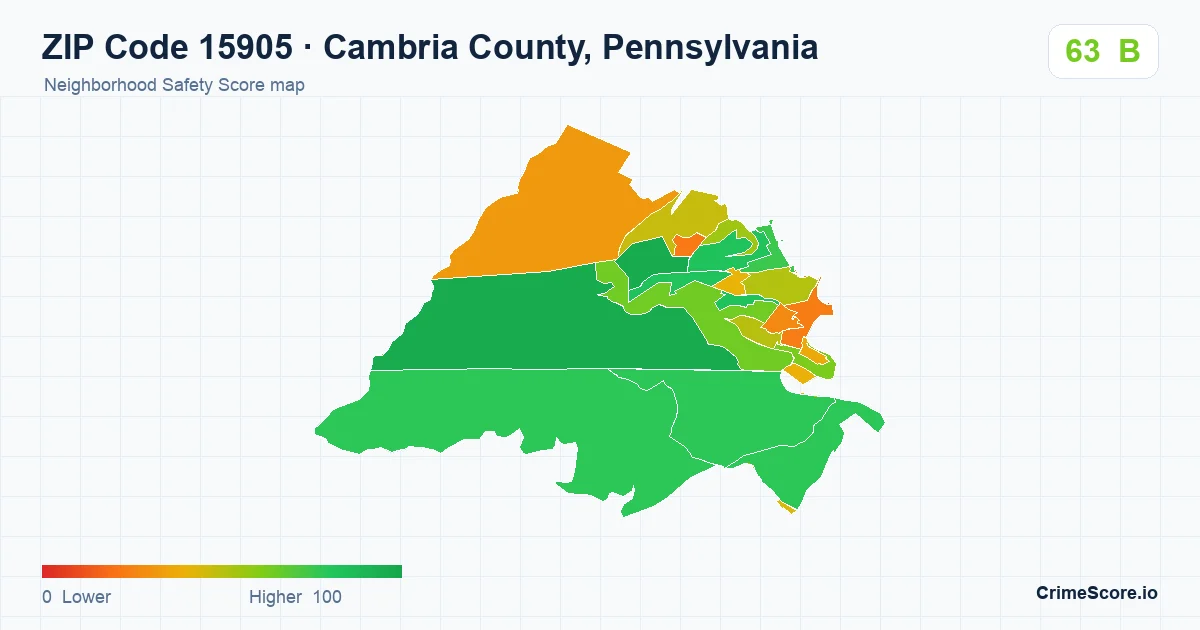 ZIP Code 15905 in Cambria County, Pennsylvania neighborhood Safety Score map