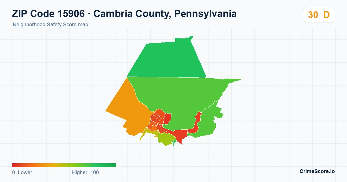 ZIP Code 15906 in Cambria County, Pennsylvania neighborhood Safety Score map