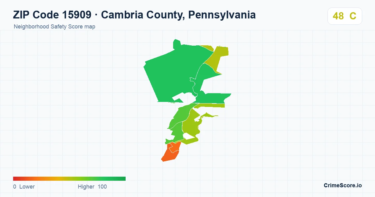 ZIP Code 15909 in Cambria County, Pennsylvania neighborhood Safety Score map