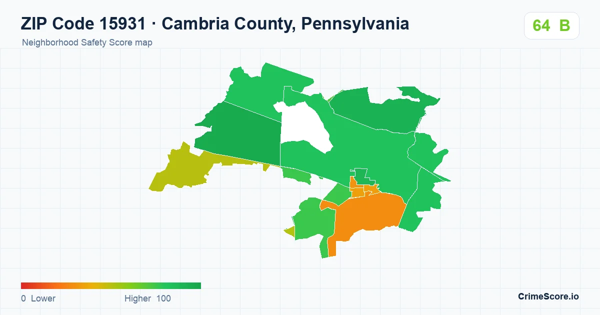 ZIP Code 15931 in Cambria County, Pennsylvania neighborhood Safety Score map