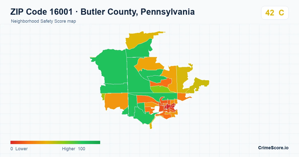 ZIP Code 16001 in Butler County, Pennsylvania neighborhood Safety Score map