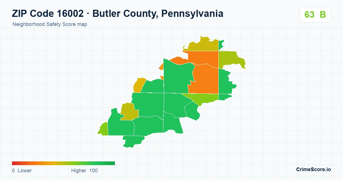 ZIP Code 16002 in Butler County, Pennsylvania neighborhood Safety Score map