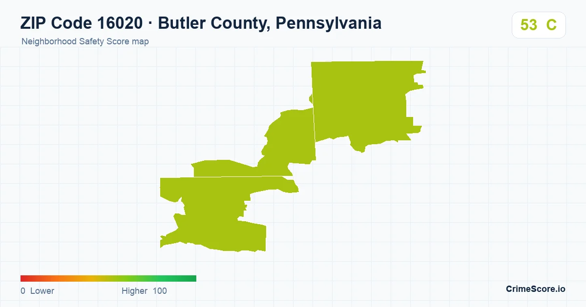 ZIP Code 16020 in Butler County, Pennsylvania neighborhood Safety Score map