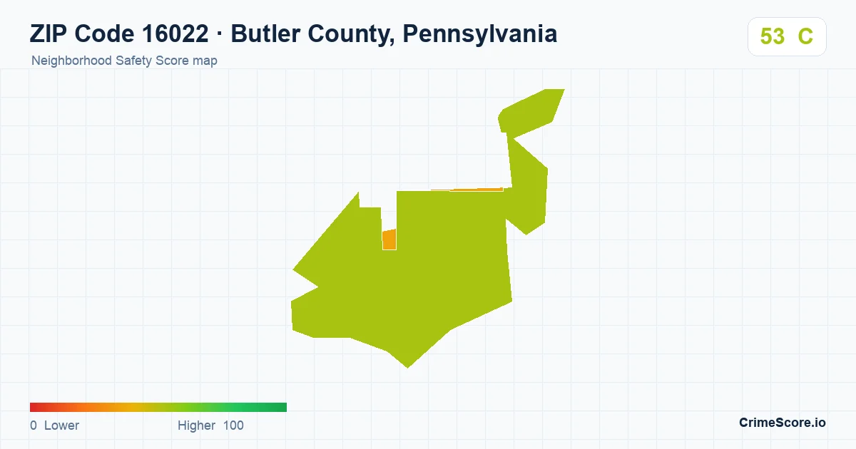ZIP Code 16022 in Butler County, Pennsylvania neighborhood Safety Score map