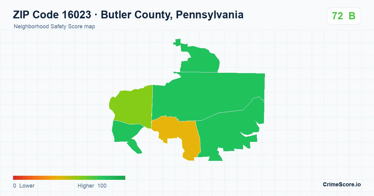 ZIP Code 16023 in Butler County, Pennsylvania neighborhood Safety Score map