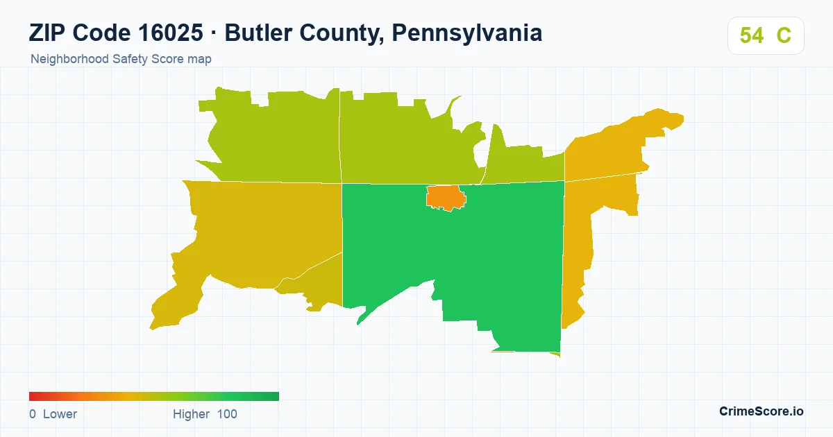 ZIP Code 16025 in Butler County, Pennsylvania neighborhood Safety Score map