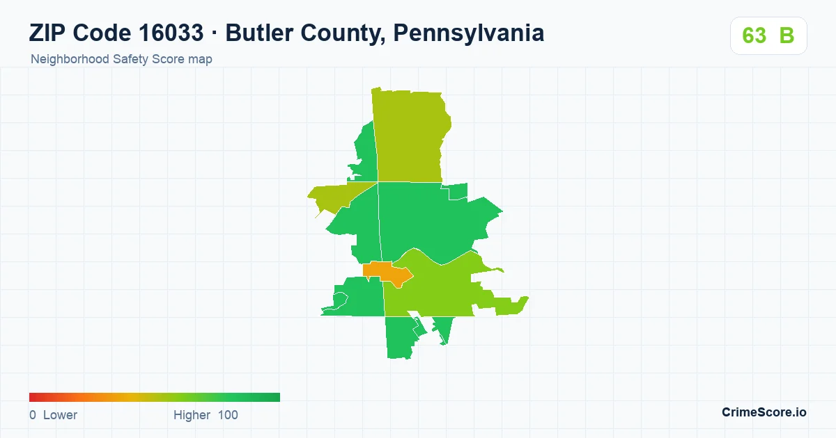 ZIP Code 16033 in Butler County, Pennsylvania neighborhood Safety Score map