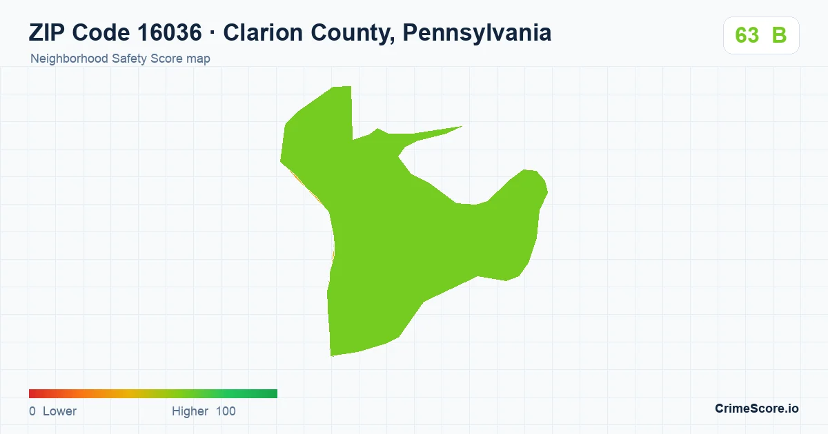 ZIP Code 16036 in Clarion County, Pennsylvania neighborhood Safety Score map