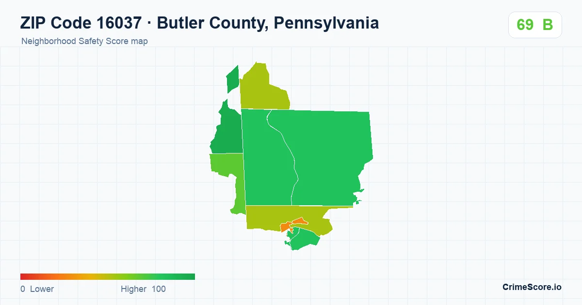 ZIP Code 16037 in Butler County, Pennsylvania neighborhood Safety Score map