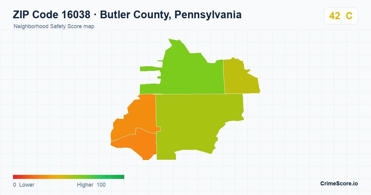ZIP Code 16038 in Butler County, Pennsylvania neighborhood Safety Score map