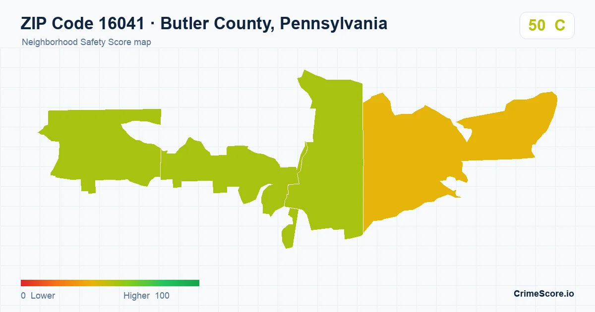 ZIP Code 16041 in Butler County, Pennsylvania neighborhood Safety Score map
