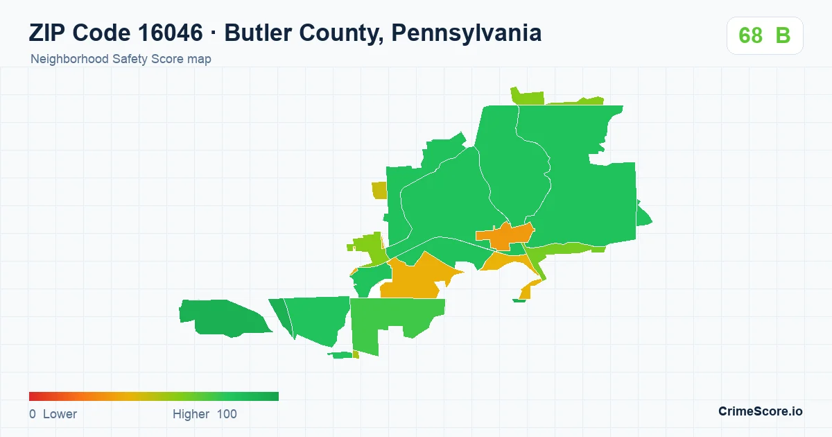 ZIP Code 16046 in Butler County, Pennsylvania neighborhood Safety Score map