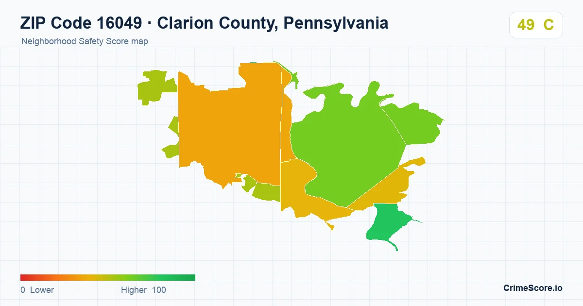 ZIP Code 16049 in Clarion County, Pennsylvania neighborhood Safety Score map