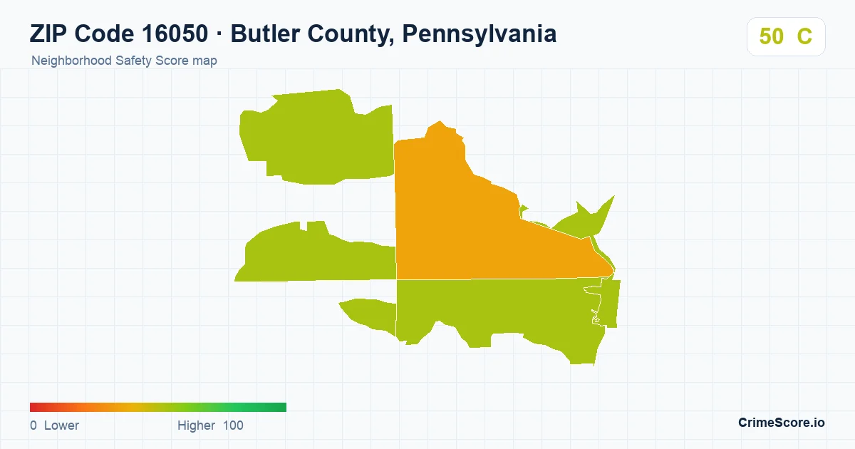 ZIP Code 16050 in Butler County, Pennsylvania neighborhood Safety Score map