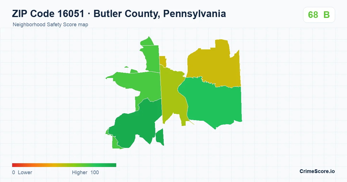ZIP Code 16051 in Butler County, Pennsylvania neighborhood Safety Score map