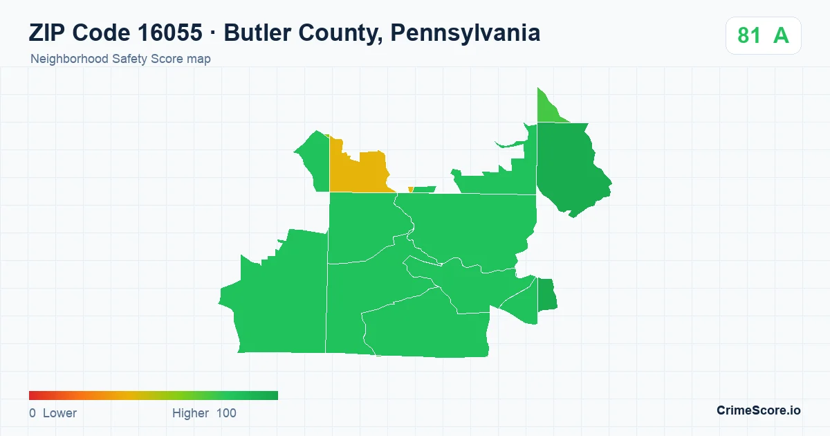 ZIP Code 16055 in Butler County, Pennsylvania neighborhood Safety Score map