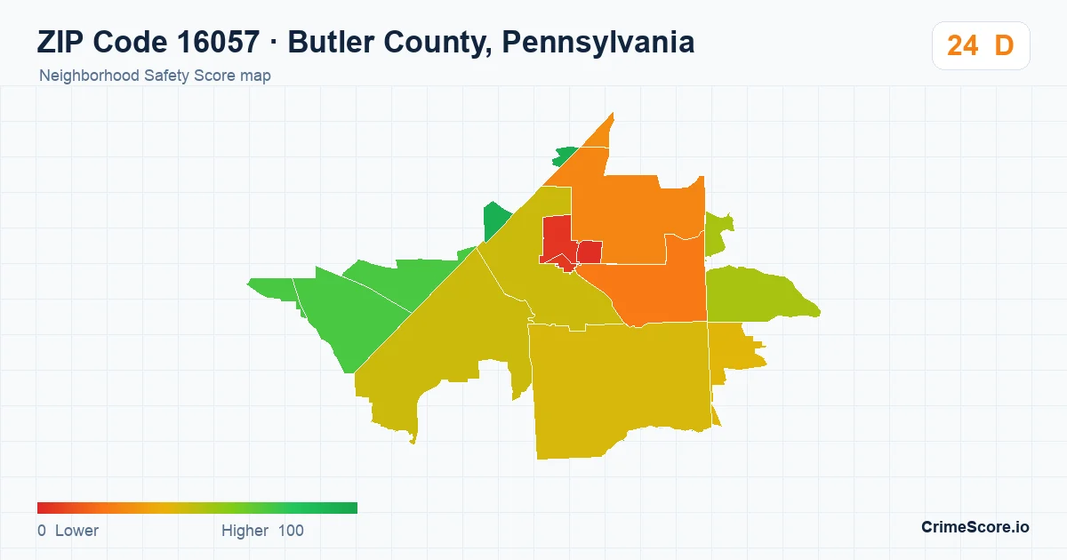 ZIP Code 16057 in Butler County, Pennsylvania neighborhood Safety Score map
