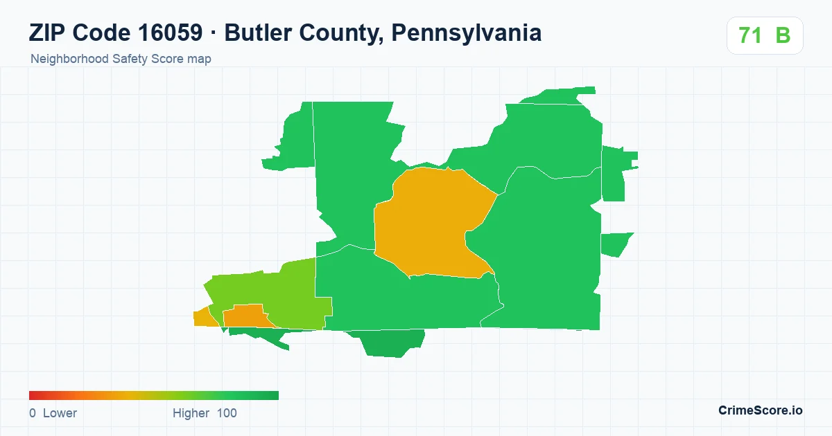 ZIP Code 16059 in Butler County, Pennsylvania neighborhood Safety Score map