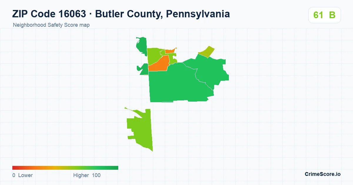 ZIP Code 16063 in Butler County, Pennsylvania neighborhood Safety Score map
