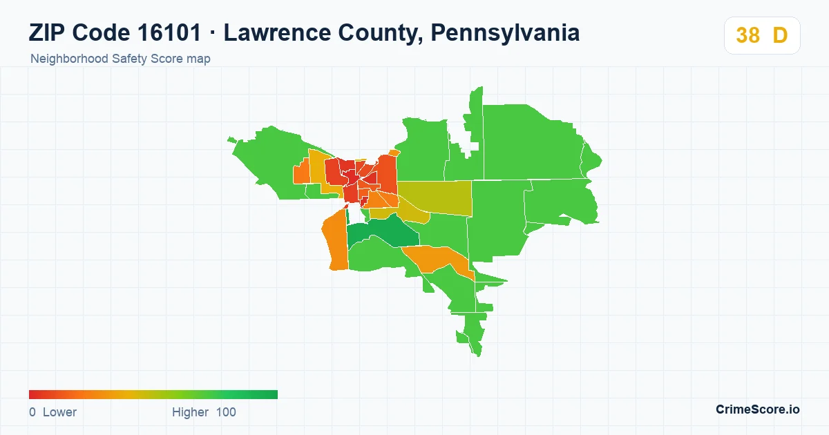ZIP Code 16101 in Lawrence County, Pennsylvania neighborhood Safety Score map