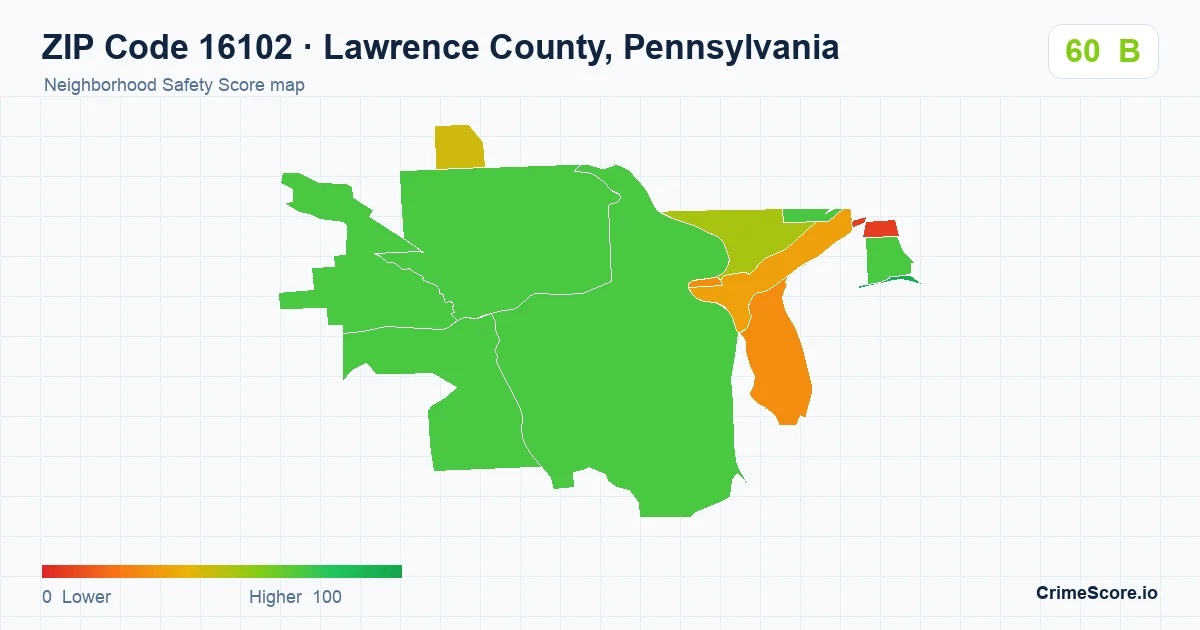ZIP Code 16102 in Lawrence County, Pennsylvania neighborhood Safety Score map